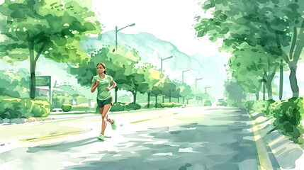A woman runs down a street with trees in the background