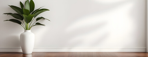 White wall background, brown parquet floor, white vase of green plant.