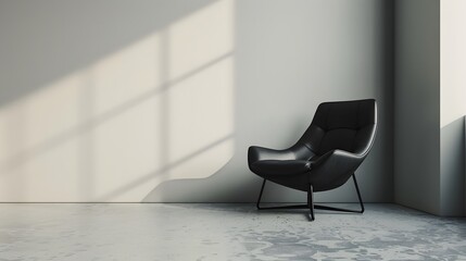 Black Modern Chair in Minimalist Interior with Sunlight Shadows
