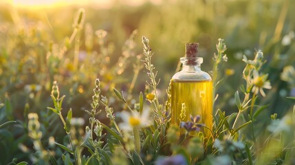 Essential Oil Bottle in Wildflower Field at Sunset