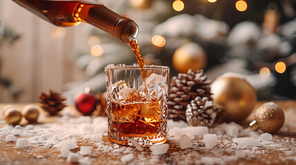 A bottle of liquor is poured into a glass with ice cubes