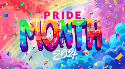 HAPPY PRIDE MONTH 2024 rainbow colours with texts 'Pride Month 2022', concept for respecting and supporting the diversity of LGBTQ+ genders in pride,generative Ai