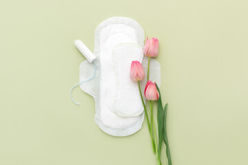 Feminine hygiene panty liner for menstruation. Menstrual cycle, pad. Light green background....