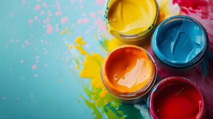 Jars of Paint Bright Colors Abstract Splash Art Supplies Flat Lay