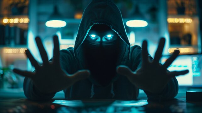 Silhouette of a hacker with glowing eyes reaching through a computer screen, dramatizing a cyber security breach.