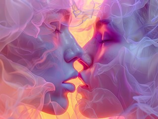 tender moment in a digital utopia, blending soft, pastel watercolors with sharp, holographic details Experiment with unique perspectives to emphasize intimacy and connection