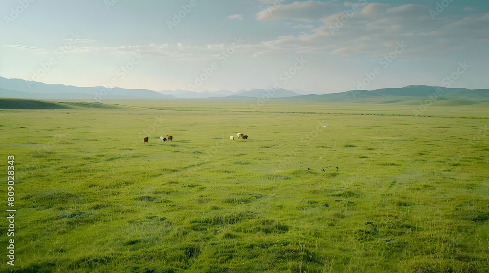 Poster a group of cows are grazing on a green pasture