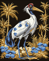 Naklejka premium A large white bird with a red beak stands in a lush green jungle