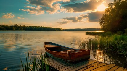 Rowboat on Lake Summer Sunset Peaceful Evening Scenery