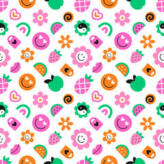 Seamless pattern of vintage plastic beads. Nostalgic 90s retro style hand drawn flowers, fruits and lips background. EPS 10 vector backdrop.