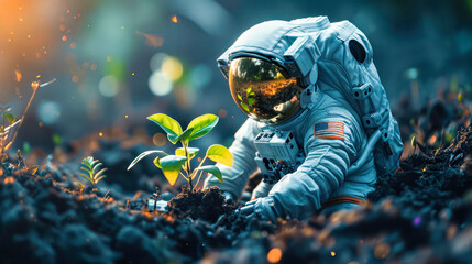 Astronaut in suit with american flag is carefully tending to a plant, examining its leaves and soil.