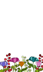 Holiday postcard with colourful spring flowers and leaves on a white background, nice greetings card, colored design floral pattern, frame, postcard for invitations, for birthday, for congratulations