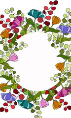 Bright greetings card with colorful flowers on white circle background, spring illustration, colored design floral pattern, holiday frame, postcard for invitations, for birthday, for congratulations
