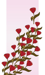 Holiday greetings card with red tulips flowers and branches, spring background, bright card, colored design floral pattern, frame, postcard for invitation, for birthday, for congratulation