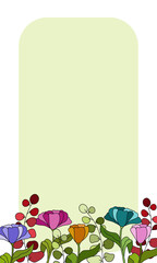 Holiday postcard with colourful spring flowers and leaves on a green background, nice greetings card, colored design floral pattern, frame, postcard for invitations, for birthday, for congratulations