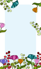 Postcard with colourful spring tulips flowers and leaves on blue background, nice greetings card, colored design floral pattern, frame, postcard for invitations, for birthday, congratulations