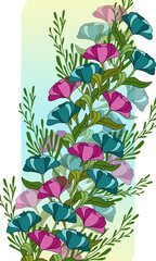 Holiday greetings card with flowers and branches, spring background, bright card, colored design floral pattern, frame, postcard for invitation, for birthday, for congratulation