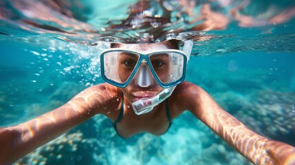 A woman in a mask and goggles swims in the ocean, with waves around her.