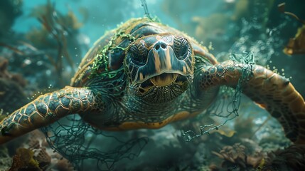 A sea turtle tangled in plastic fishing nets drifting in murky ocean water
