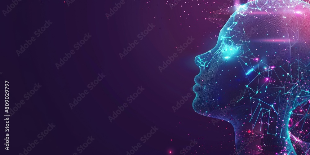 Sticker Artificial Intelligence concept with blue glowing digital head profile on dark purple background, vector illustration