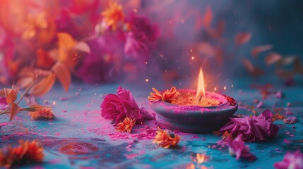 Zapalona świeczka otoczona kwiatami i płatkami