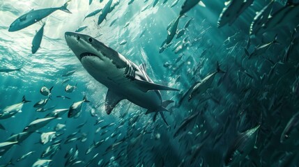 shark surrounded by fish in the sea looking for prey in high resolution and quality