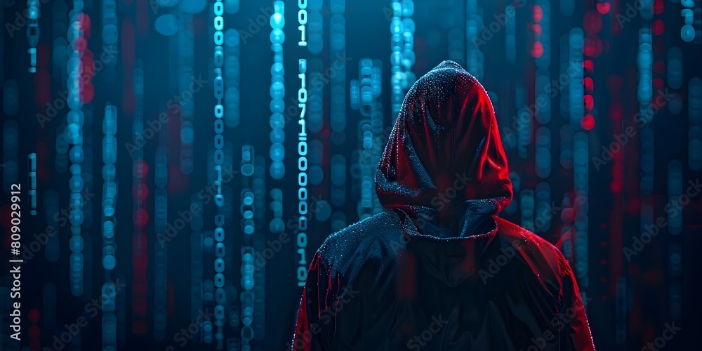 Poster hooded hacker in cybersecurity digital matrix backdrop representing online technology and ethical ha