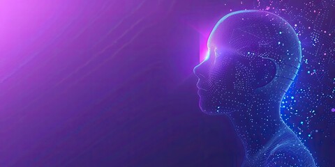 Artificial Intelligence concept with blue glowing digital human head silhouette on dark purple background vector illustration design ,8k