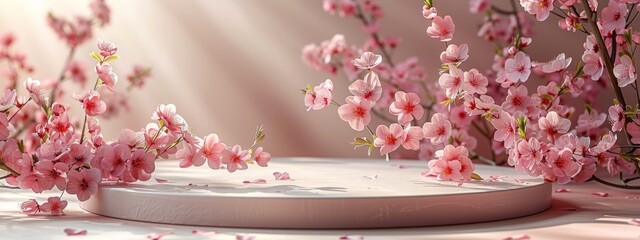 Podium with spring flowers background, pink colors, product presentation stage mockup template design concept in the style of spring flowers.