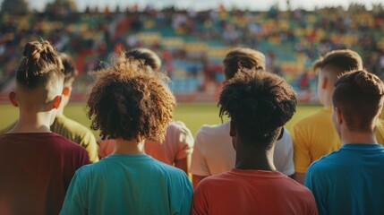 A crowd of individuals standing together in front of a soccer field, possibly preparing to watch a game or event.