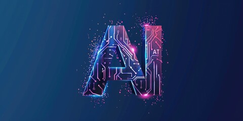 Vector logo with the letters AI made of circuit board, on a dark blue background. The concept symbolizes artificial intelligence and technology in a vector illustration design