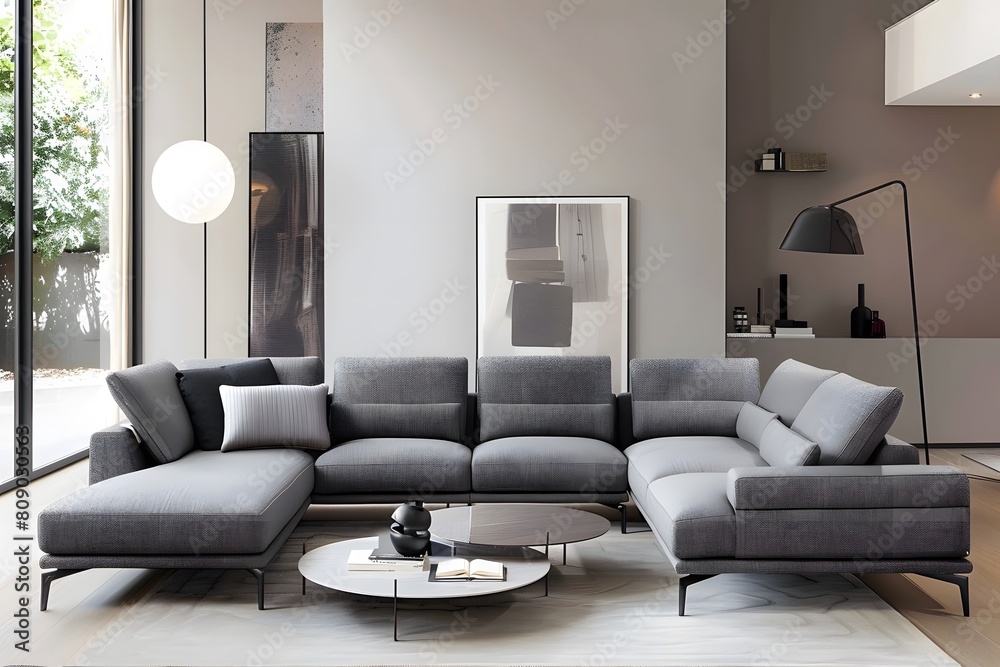 Wall mural U Shape Grey couch living room ideas modern minimalist with pillow and lamp - Wall murals