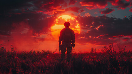 Fototapeta premium Soldier with USA Flag on Sunrise Background