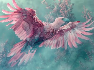 A majestic pink eagle soars through a vibrant dreamscape, its wings outstretched as it glides effortlessly through the air