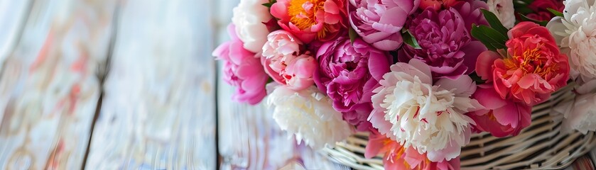 A Romantic Bouquet of Bright Peonies Nestled in a Pastel Toned Basket on a Shabby Chic Wooden Table