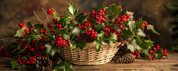 Festive Holiday Berry and Holly Basket Arrangement on Wooden Table