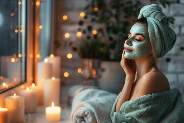Woman indulging in skin care with a facemask, focused on texture and relaxation, soothing tones