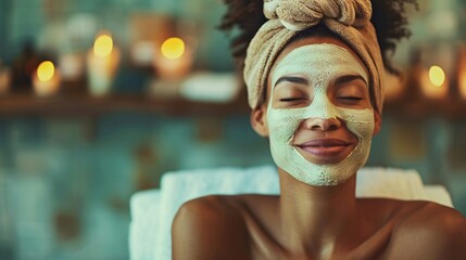 Woman relaxing with a facemask, serene expression, soft lighting highlights skin care routine