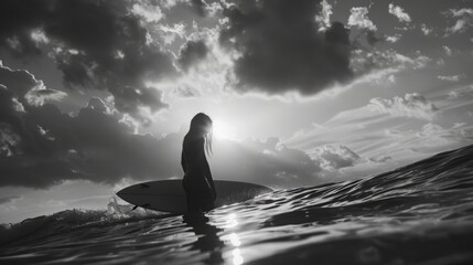 A person stands in the water holding a surfboard, preparing to catch a wave.