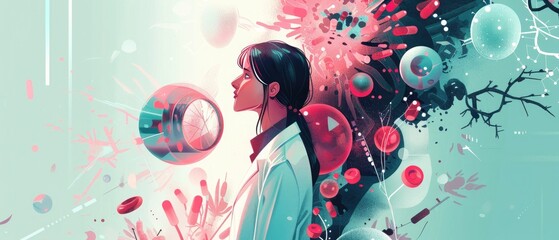 A stylized female figure observes abstract, vibrant elements representing microscopic organisms in a surreal environment.