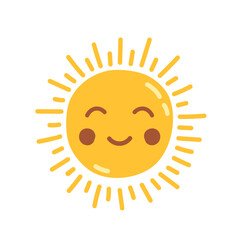 Sun. Cute smiling sun isolated on white background. Vector Icon illustration for label, card, logo, emblem. Icon for nursery design, kids room, baby shower greeting card.