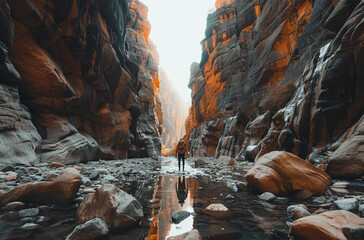 A man is walking through a canyon with a backpack on. The canyon is filled with water and rocks