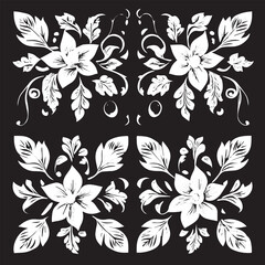 Geometric floral set of seamless patterns. White and black vector backgrounds. Damask graphic ornament

