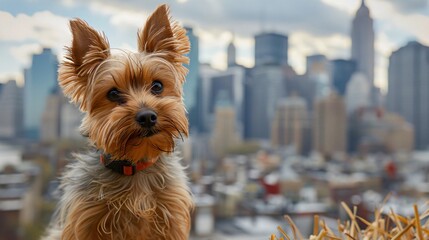 Yorkshire Terrier with a playful stance in front of a blurred cityscape, appealing for urban pet-friendly spaces.