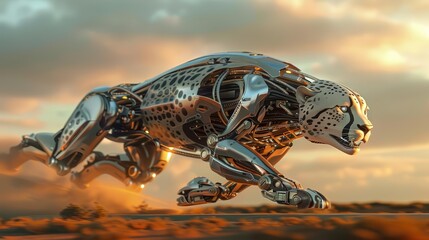A cheetah made of metal is running in the desert