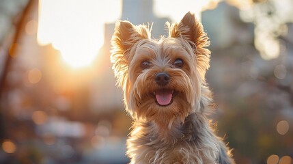 Yorkshire Terrier with a playful stance in front of a blurred cityscape, appealing for urban pet-friendly spaces.