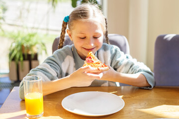 Child Girl Savoring Slice of Pizza in Sunlight