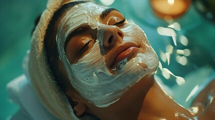 Young woman enjoying a facial treatment at a high-end spa, ideal for beauty products or spa resort promotions.