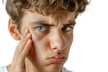 Close up portrait of young man holding his nose as if smelling something on isolated transparent background