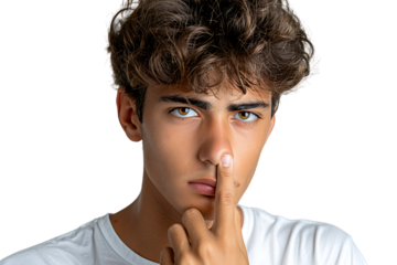 Close up portrait of young man holding his nose as if smelling something on isolated transparent background